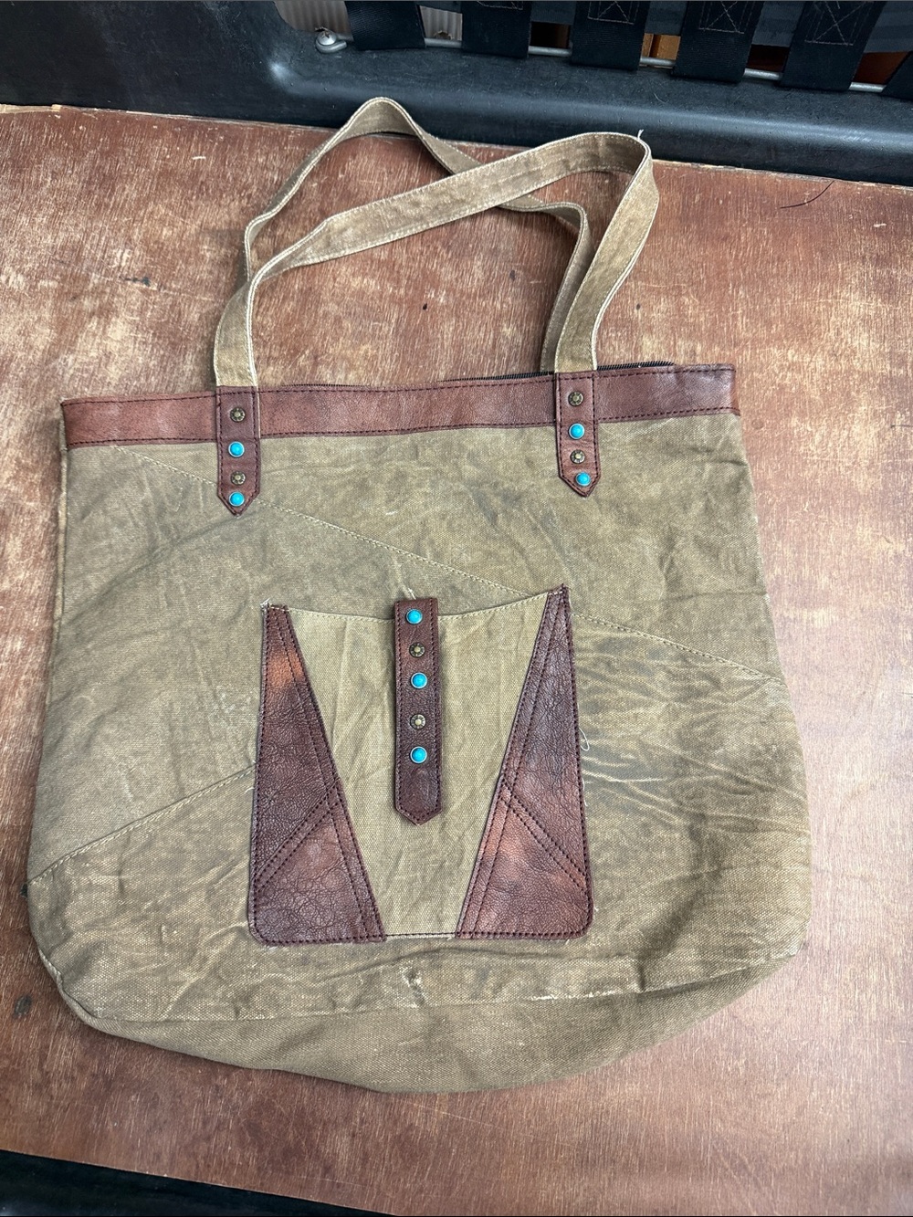 Mona B Olive Canvas Shoulder Tote with Brown Leather Trim and Turquoise Studs